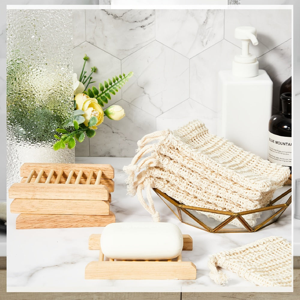 Soap Exfoliating Mesh Bag with Wooden Holder Set 60 Pcs, Natural Sisal Bath Scrubber Bags & Rectangle Wood Soap Dish for Shower