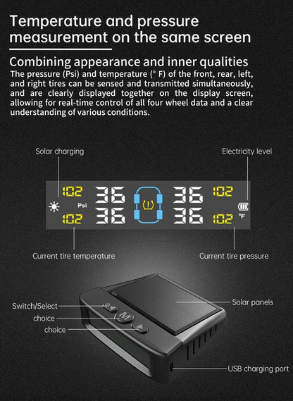 TPMS Tire Pressure Monitoring System – Wireless Solar & USB Powered, External Sensors, Universal Fit for 36V & Below Vehicles, Model T12