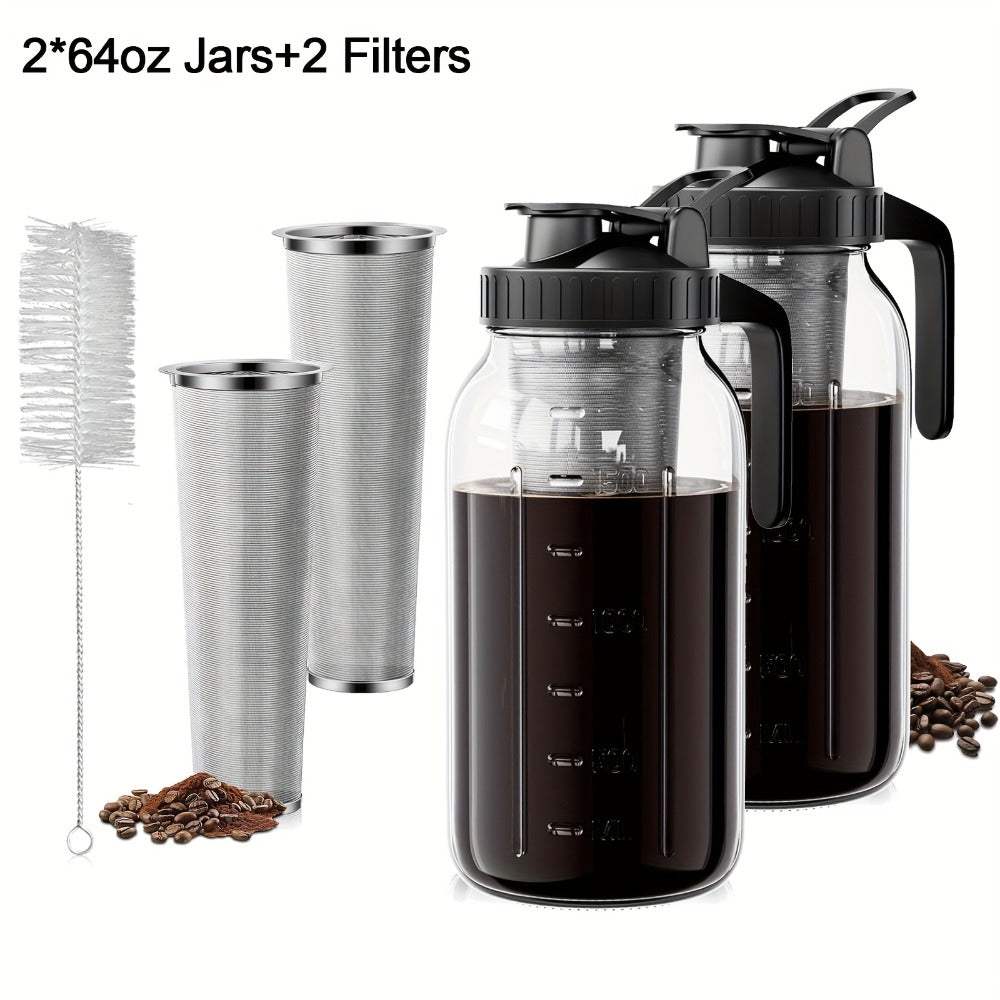 Cold Brew Coffee Pot Set with Stainless Steel Filters & Cleaning Brush – 32oz Glass Mason Jar Cold Brew Maker for Home