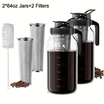 Cold Brew Coffee Pot Set with Stainless Steel Filters & Cleaning Brush – 32oz Glass Mason Jar Cold Brew Maker for Home