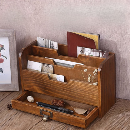 Wooden Desktop File Organizer with Drawer – Multi-Compartment Document Storage Rack for Office, Home & Study