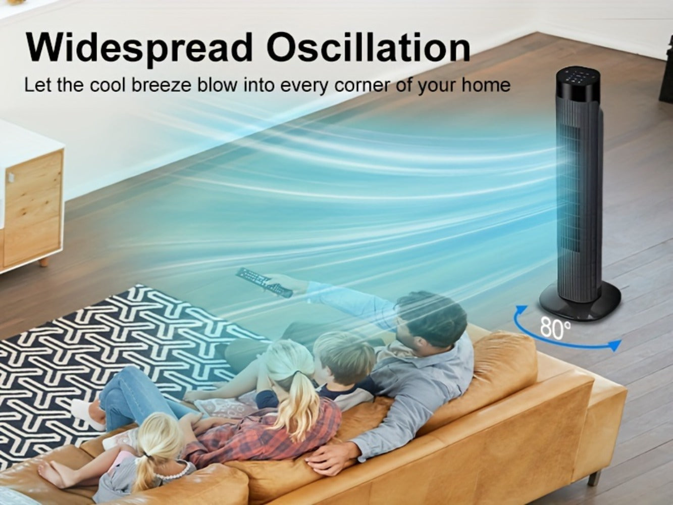 Tower Fan 31 Inch Bladeless, 80° Oscillating Standing Fan with Remote Control, 7.5H Timer & 3-Speed Settings