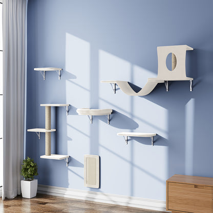 Cat Wall Shelf Climbing Set – 7-Piece Deluxe Wall Mounted Cat Furniture with Condo, Scratching Post, Bridge