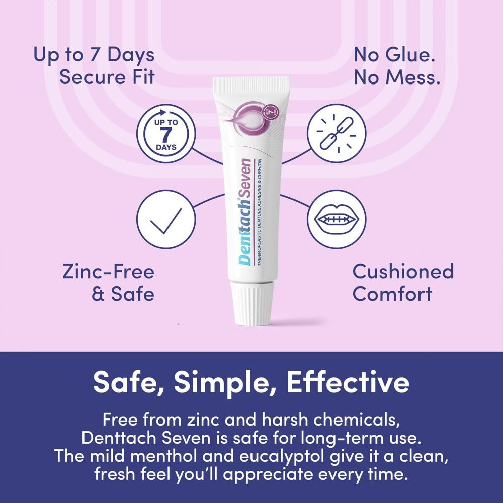 Denttach 7-Day Hold Denture Adhesive Thermoplastic Cushion Reliner Zinc-Free No-Glue Secure Grip for Upper Lower Dentures All-Day Comfort 2