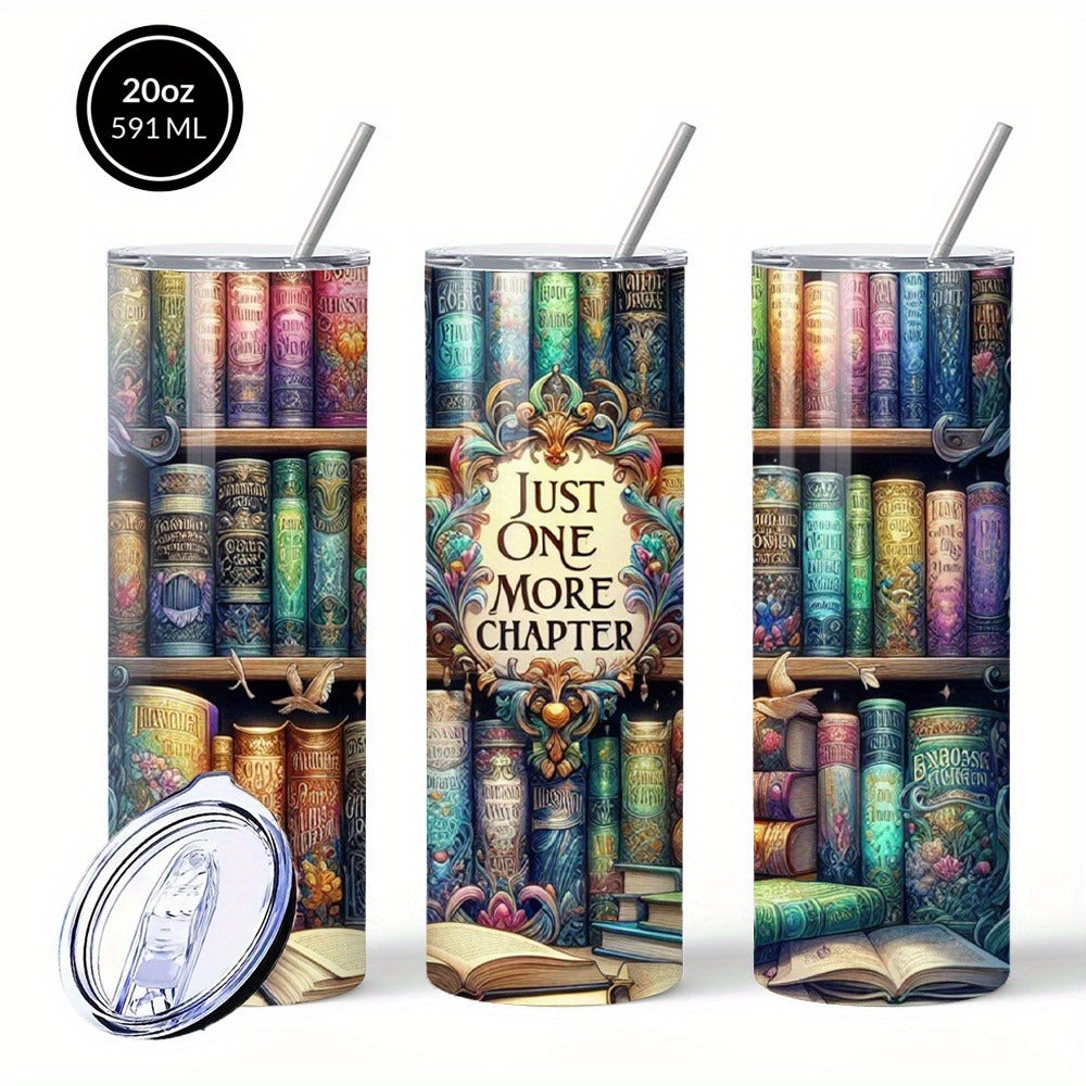 Insulated Tumbler Drinkware Bookshelf Graphic by SAXUMOUT, 20oz Stainless Steel Cup with Lid and Straw