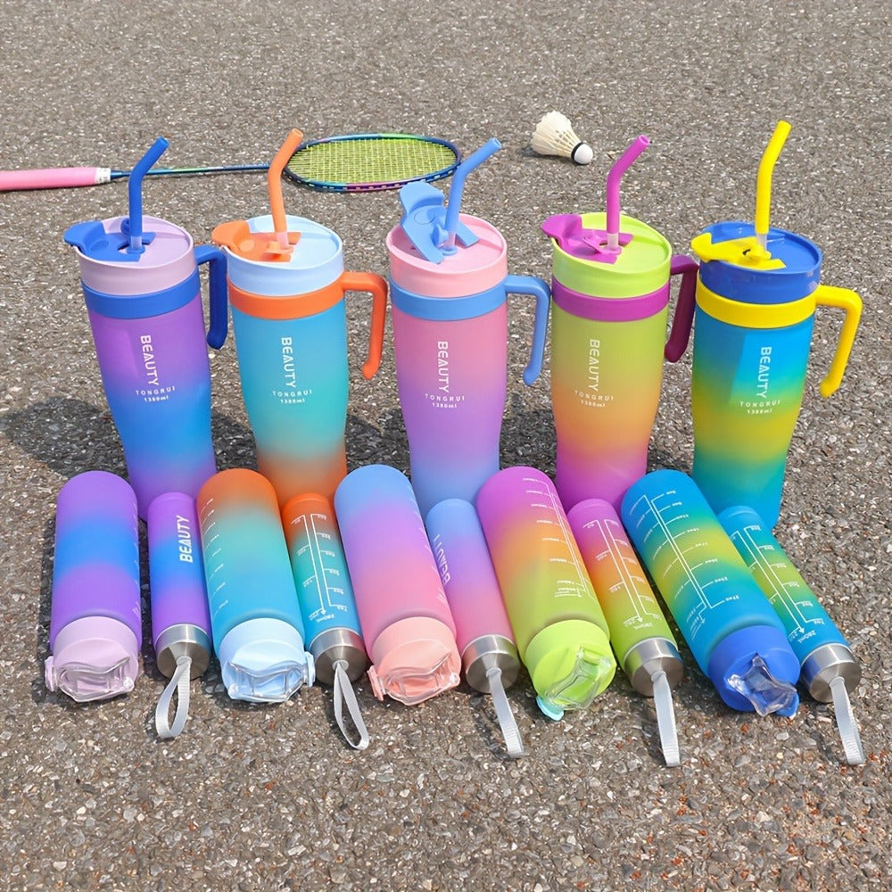 Tumbler Set 3pcs Gradient Color Frosted Plastic Water Cup with Straw Double Drinking Large for Entryways, Bedrooms and Living Spaces
