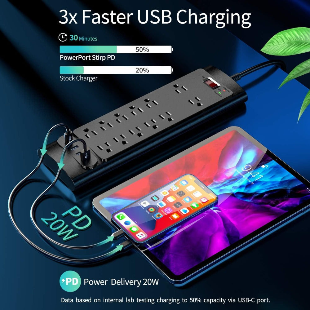 Surge Protector Power Strip 16-in-1 ANRMESUN with 12 AC Outlets, 3 USB-A, 1 USB-C, 2980J Marking and 5 ft Cord