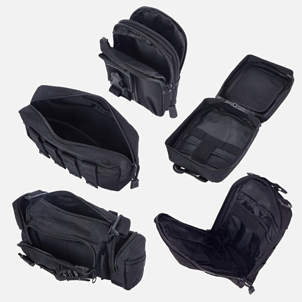 Black MOLLE-Style Seatback Car Organizer Panel with Five Detachable Pouches and Six Keychains