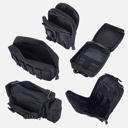 Black MOLLE-Style Seatback Car Organizer Panel with Five Detachable Pouches and Six Keychains