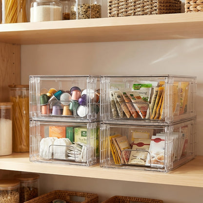 Clear Acrylic Storage Drawers with Handles – Stackable Refrigerator and Pantry Organizer Bins for Snacks Fruits and Vegetables