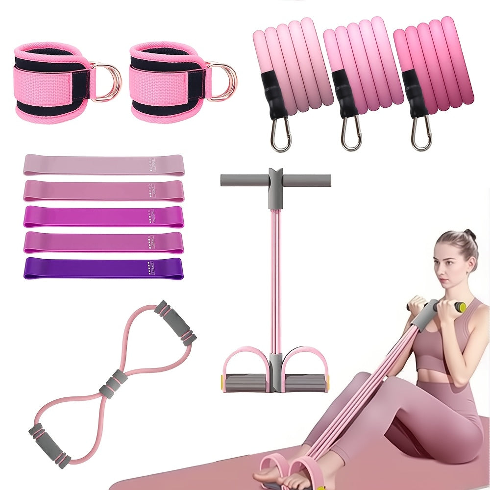 Fitness Equipment Pink Multi-Piece Resistance Kit with Fabric Loops Tube Puller and Pedal Puller