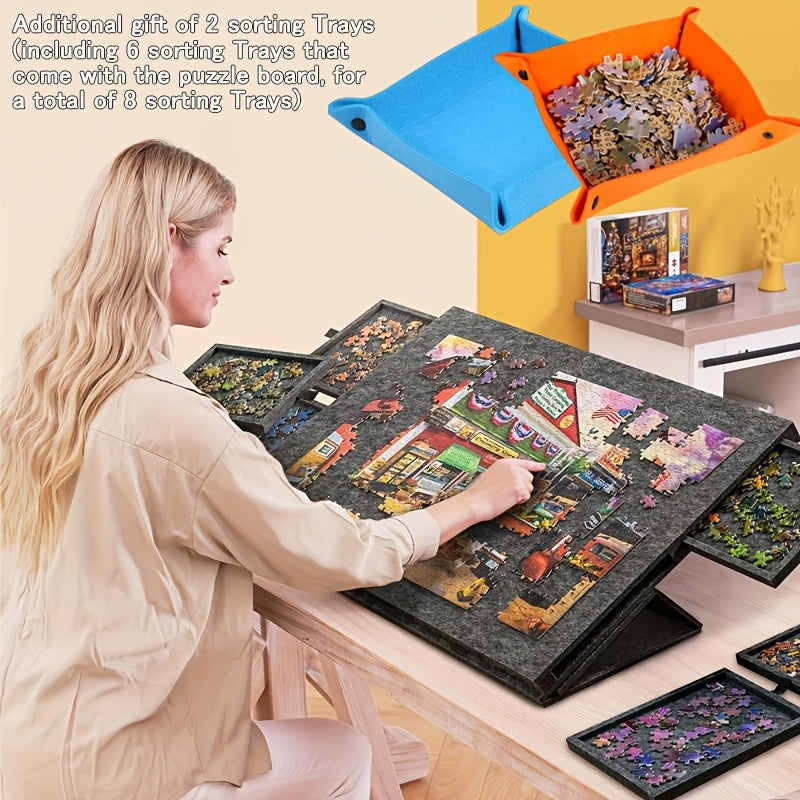 Felt Jigsaw Puzzle Board with 6 Storage Drawers, Portable Puzzle Table Adjustable Tilt Stand, 2-in-1 Cover
