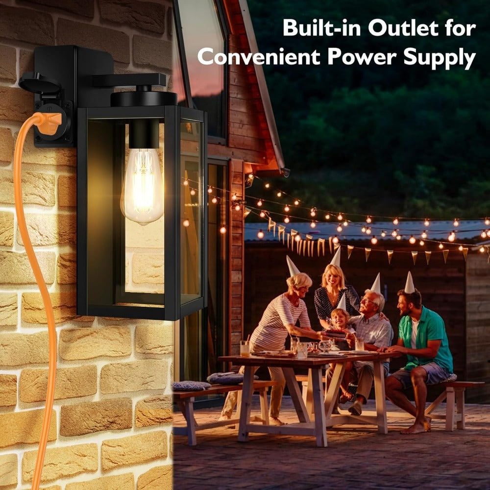 Outdoor Wall Light with Outlet 2-Pack - Modern Exterior Porch Wall Sconce Lighting Fixture for Front Door