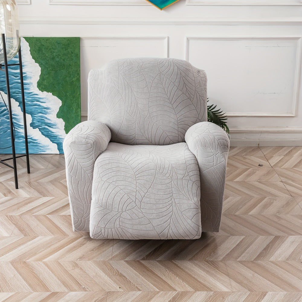 Recliner Chair Cover Slipcover 4-Piece Set – Leaf Jacquard Stretch Furniture Protector with Storage Pocket