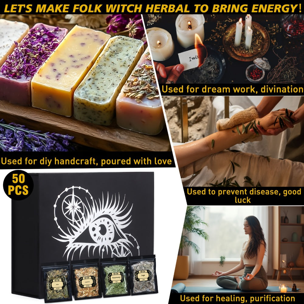 Dried Herbs for Witchcraft 50-Pack, Bulk Dried Flowers & Herb Kit for Wicca Beginners, Pagan Rituals
