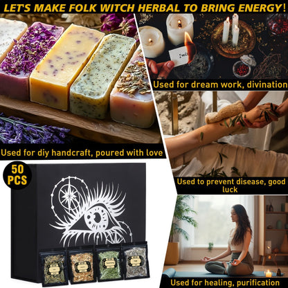Dried Herbs for Witchcraft 50-Pack, Bulk Dried Flowers & Herb Kit for Wicca Beginners, Pagan Rituals
