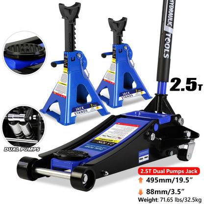 Hydraulic Floor Jack Kit 2/2.5/3 Ton Low Profile Trolley Jack with Jack Stands, Tire Repair Kit, Wheel Wrench & Wheel Chock Combo – Red/Blue