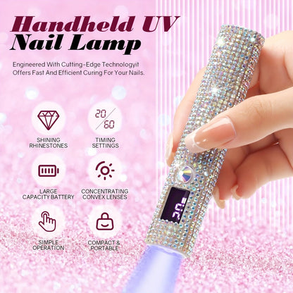 Portable LED Nail Lamp Rhinestone Design USB Rechargeable 365+405nm Quick Dry Gel Curer 20s 60s Timer LCD Display Wireless Nail Dryer