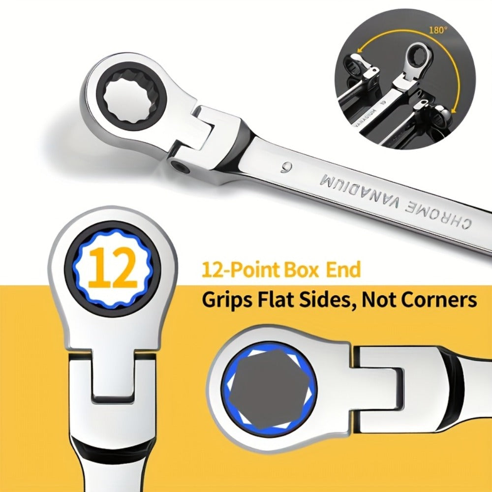 CR-V Flex Head Ratchet Wrench Set 5-Piece – 2-in-1 Reversible Open End & Hex Socket Dual-Purpose Kit | Automotive Engine Bay, Plumbing