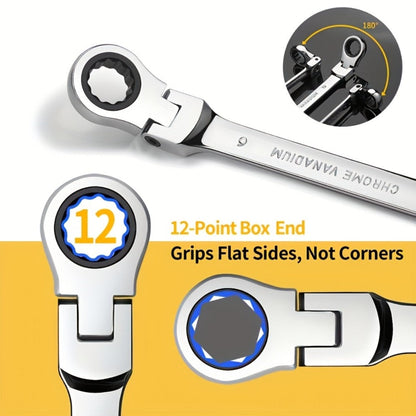 CR-V Flex Head Ratchet Wrench Set 5-Piece – 2-in-1 Reversible Open End & Hex Socket Dual-Purpose Kit | Automotive Engine Bay, Plumbing
