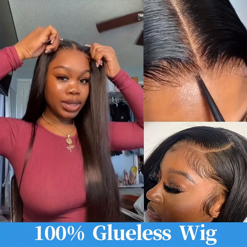Wig Bone-Straight Glueless Human Hair in Natural Black, 10-34 Inch Options with Pre-Cut 6x4.5 Lace