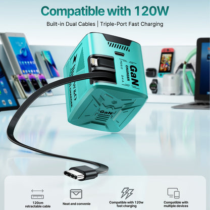 GaN Charger 120W with Lightning & Type-C Retractable Cables 47in, Foldable Plug USB-C Wall Adapter