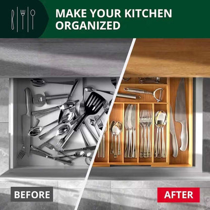 Bamboo Drawer Organizer Expandable Adjustable 9-Compartment Silverware Tray Cutlery Utensil Holder for Kitchen Drawer Office Desk Bedroom
