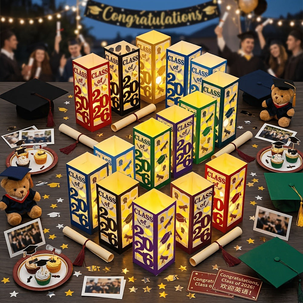 Six-Piece Class of 2026 Graduation Centerpiece Set with Paper Lantern Boxes in Six Color Themes