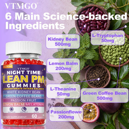 Sleep Gummies with Melatonin, Lemon Balm & Passionflower, Night Time Lean PM Formula, White Kidney Bean