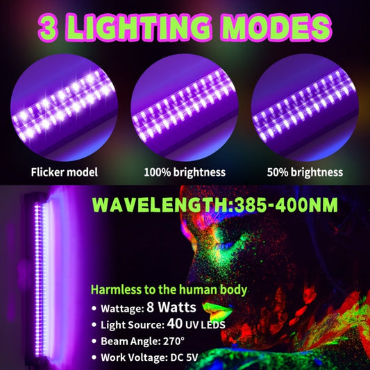 UV Black Light Bars & Strips 8-Piece Set, 385-400nm USB Powered 5V LED Blacklight for Glow Party