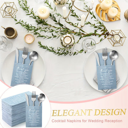 Wedding Cocktail Napkins 100pcs Thank You Napkins with Utensil Pocket Haze Blue Tissue Napkins for Bridal Shower Rehearsal Dinner Reception