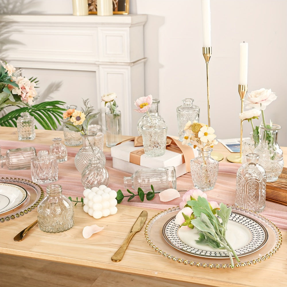Assorted Clear Glass Bud Vase Set with 12, 24 or 64 Mixed Shapes for Flowers and Table Centerpieces