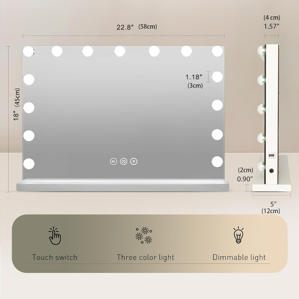 Hollywood Vanity Mirror with 15 Dimmable Bulbs, 23 x 18 Inch Frame, Three Light Colors and USB Port