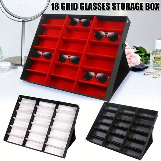 Eyeglass Organizer Box 18 Grid – Velvet Sunglasses Display Case with Foldable Cover, Scratch-Proof Storage for Glasses & Jewelry