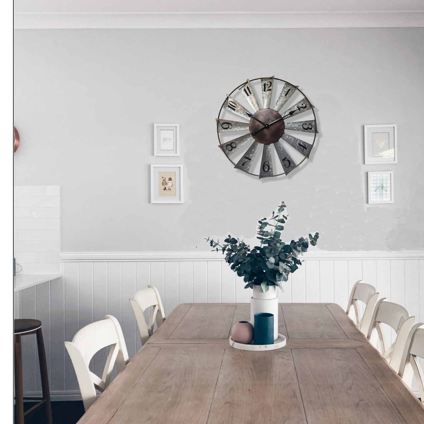 24-Inch Windmill-Style Metal Wall Clock with Galvanized-Look Silver Blades and Brown Analog Center