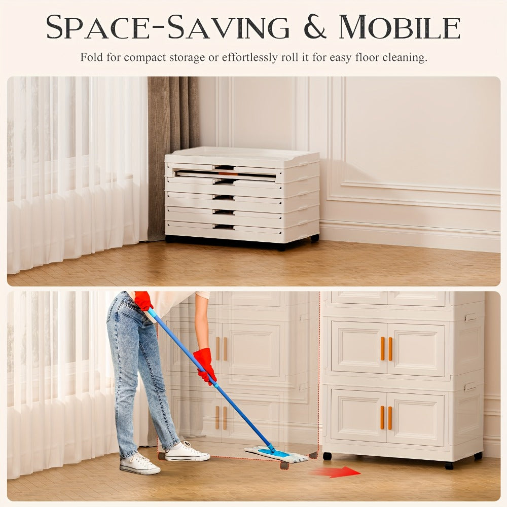Folding Wardrobe Storage Cabinet on Wheels with Magnetic Door, Hanging Rod & Shelves – 25.6" Wide Portable Closet Organizer
