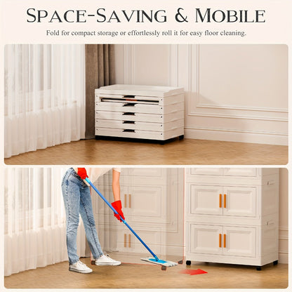 Folding Wardrobe Storage Cabinet on Wheels with Magnetic Door, Hanging Rod & Shelves – 25.6" Wide Portable Closet Organizer