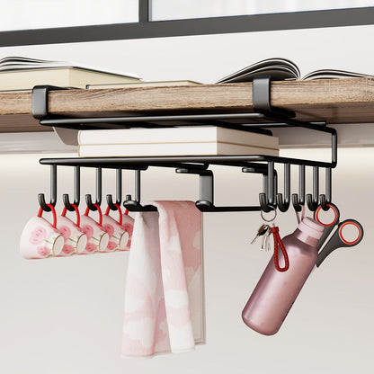 Under Cabinet Organizer Rack with Hooks, Carbon Steel Kitchen Shelf for Utensils, Towels, Cups & Cutting Boards