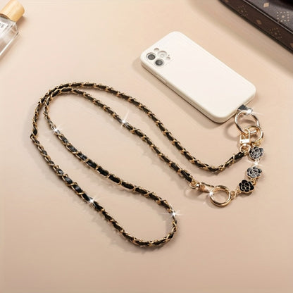 Crossbody Phone Strap Long Chain Pearl Camellia Metal Charm Elegant Lanyard for Women Girls