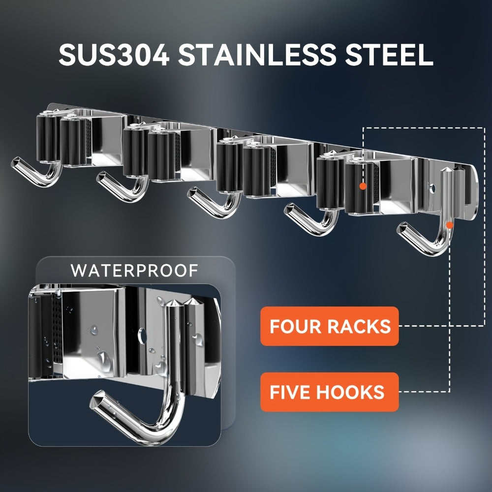 Wall Mounted Broom & Mop Holder – 304 Stainless Steel Broom Organizer with 4 Racks & 5 Hooks – Rustproof Non-Slip Wall Broom Hanger