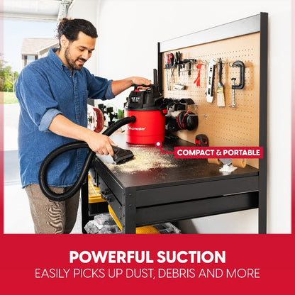 Wet Dry Vacuum Cleaner 2.5 Gallon Shop Vac, Vacmaster 2 Peak HP with Blower Function, Wall Mount & On-Board Storage for Garage
