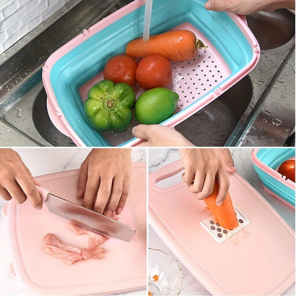 Cutting Board Set 9-in-1 Foldable Chopping Board with Colander Vegetable Wash Basket Drain for Grilling, Camping and Outdoor Meals