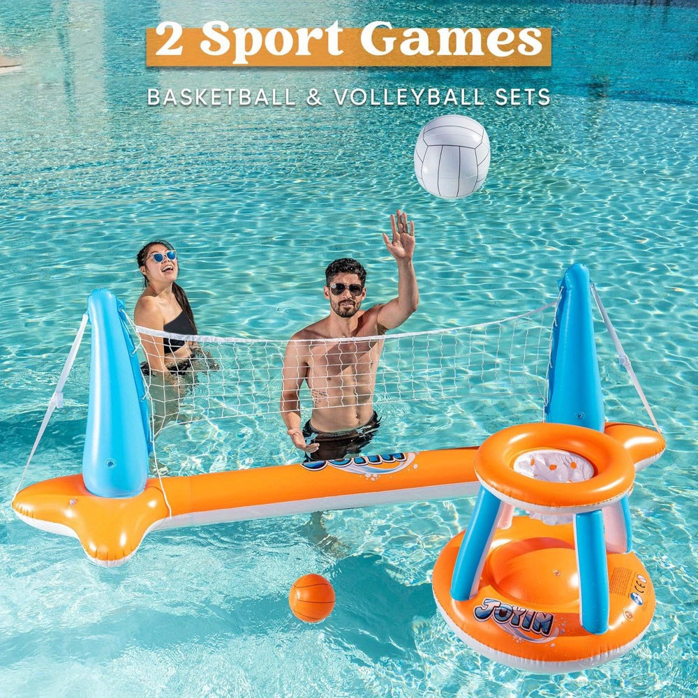 Inflatable Pool Game Set for Kids & Adults, Volleyball Net Court & Basketball Hoops with Balls