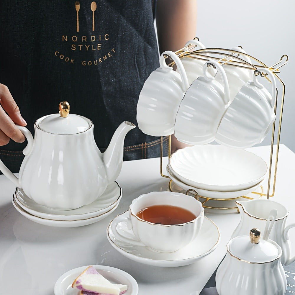 Porcelain Tea Set Service for 6 British Royal Floral Design with Teapot Sugar Bowl Cream Pitcher Teaspoons Tea Strainer 8oz Cups Saucers