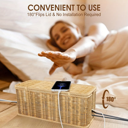 Rattan Cable Management Box with Lid Woven Cord Organizer – Stylish Power Strip Cover Wire Hider for Home Office Living Room Desk Bedroom