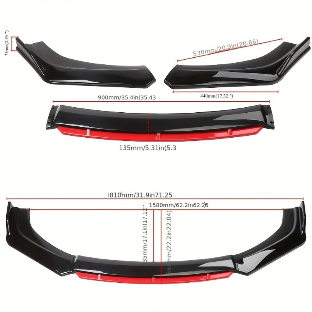 Car Front Lip Spoiler Kit 4pcs Universal ABS Front Bumper Splitter Spoiler Glossy Black Red Accent Aerodynamic Design Easy Clip-On Install