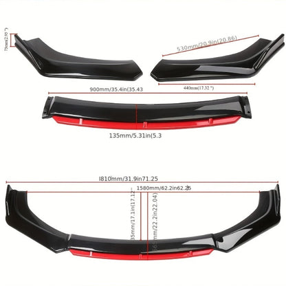 Car Front Lip Spoiler Kit 4pcs Universal ABS Front Bumper Splitter Spoiler Glossy Black Red Accent Aerodynamic Design Easy Clip-On Install