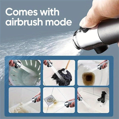 Handheld Shower Head with Rotating Spray Selector, On-Off Button, Hose, Five Cartridges and Two Bracket Options