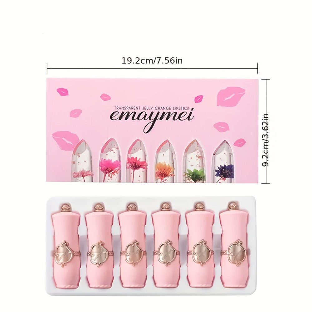 Lipstick Set, emaymei 6-Piece Transparent Flower-Core Jelly Collection in Ornate Pink Cases