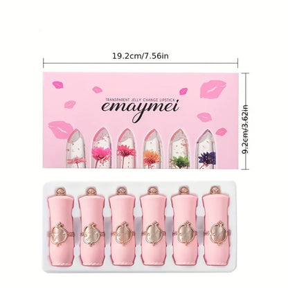Lipstick Set, emaymei 6-Piece Transparent Flower-Core Jelly Collection in Ornate Pink Cases